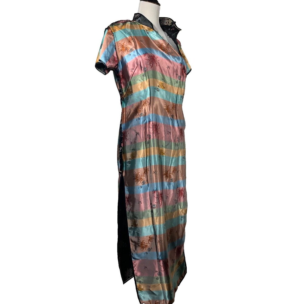 Vtg 70s Chinese Cheongsam Qipao Maxi Dress Black Floral Satin Rainbow Lining 38 - Picture 7 of 13